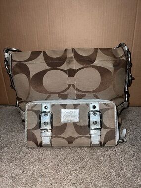 Coach Signature Carly Canvas Shoulder Bag in Brown with Matching Wallet